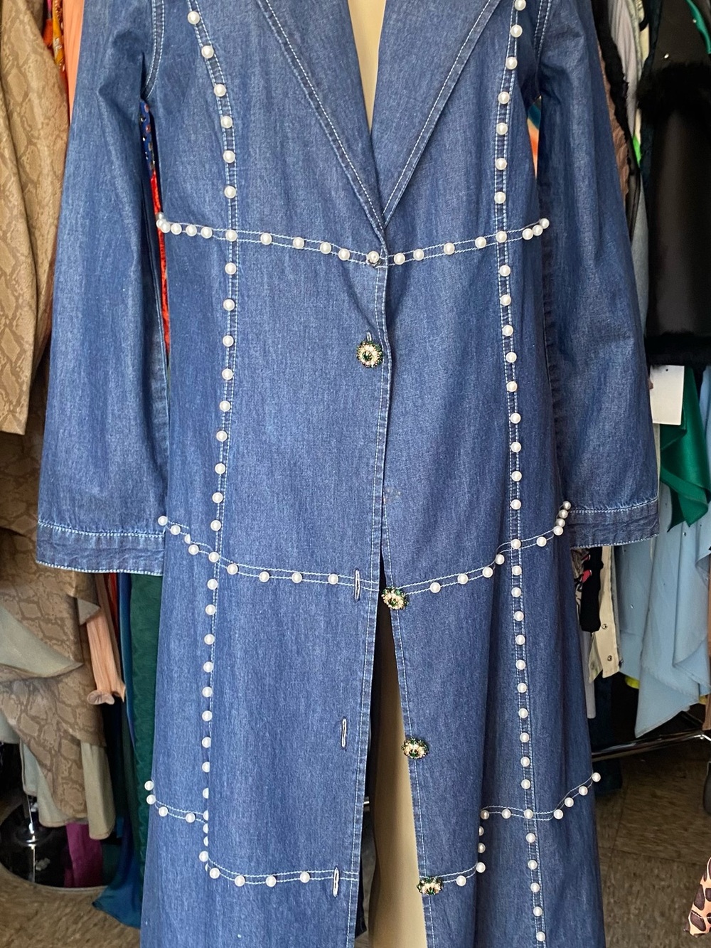 Denim Longline Pearl-Trim Coat Jacket - Blue